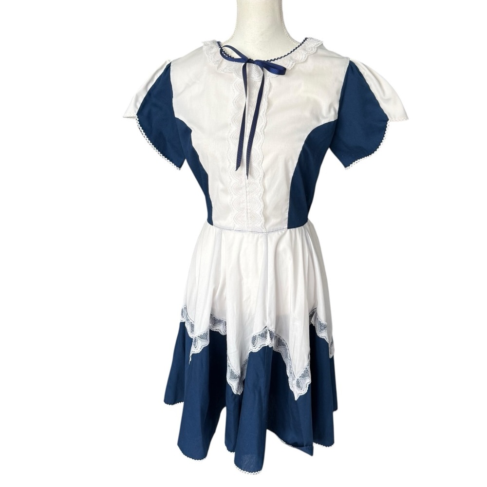 Vtg 60s 70s Blue Two Tone Color Block Tulip Sleeve Ruffled Swing Dress Small